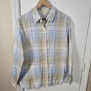easyspirit Linen Button Front Shirt Neutral Plaid Sz L Women's Lightweight